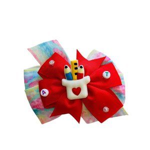 BACK to SCHOOL Red Hair Bow Clips Tie Dye Grosgrain Ribbons Handmade NEW